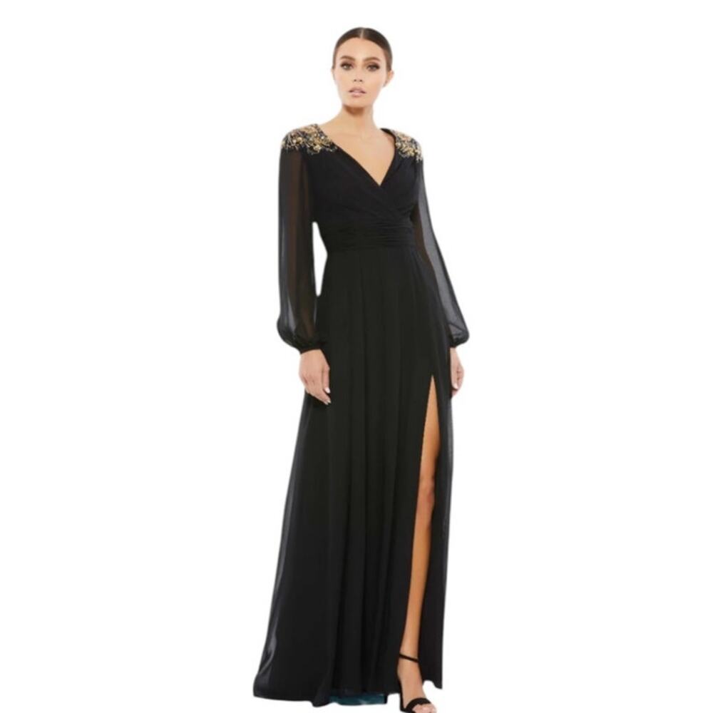 Mac Duggal Black Maxi Dress with Gold Accents
